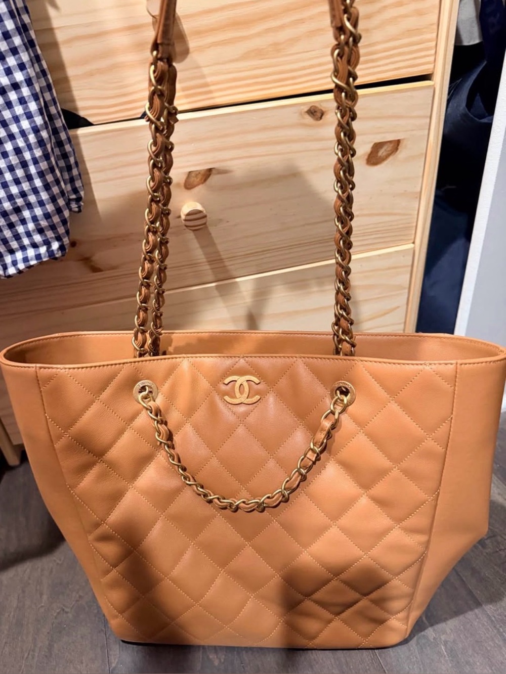 CHANEL Quilted Leather Chain-Handle Tote in Camel